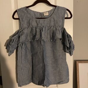 J.CREW Women Blouse Top Cold Shoulder Blue Boho Pinstripe Festival Linen L
